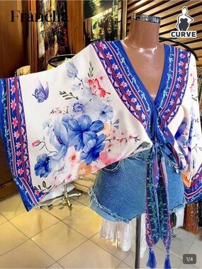 SHEIN, Ladies, White Floral Tie-Front Kimono Blouse with Blue Trim XL NEW